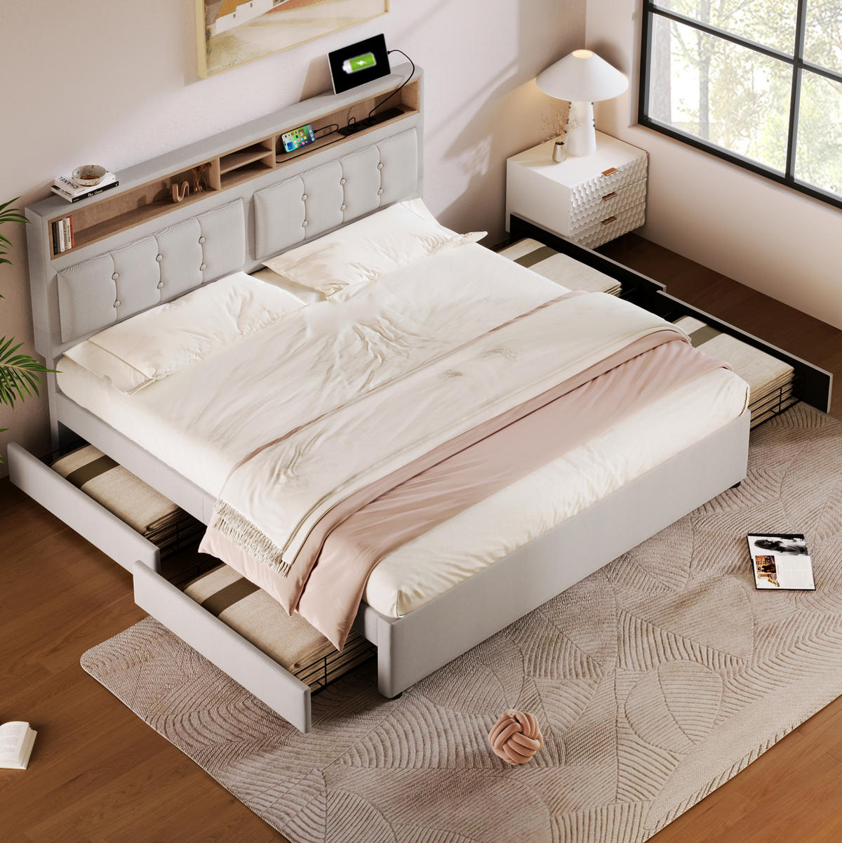 POLSTERBETT mit 4 Schubladen 160x200 cm Leinen Beige mit USB-C - Beige, Metall (160/200cm) - Meubliv