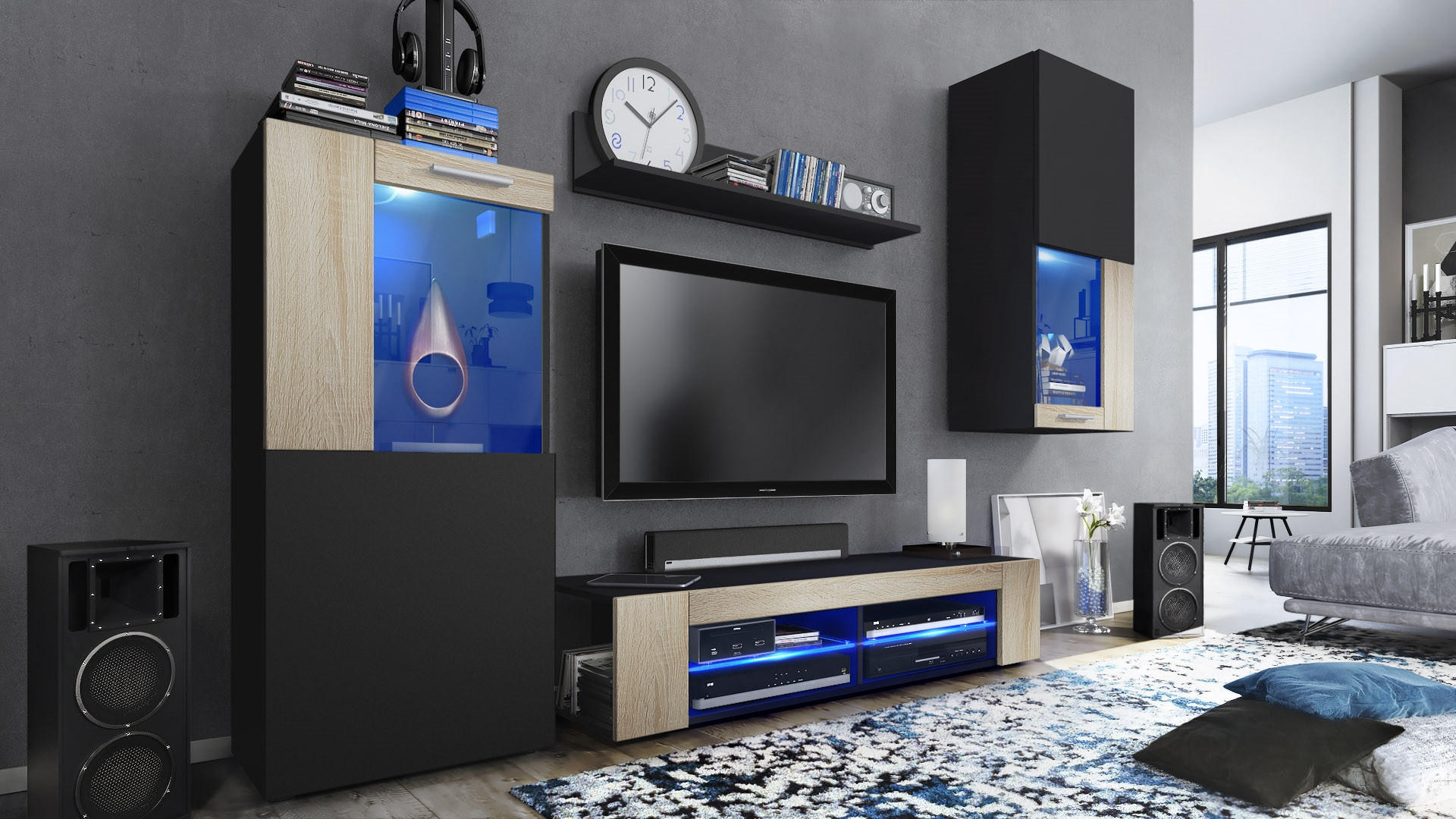 WOHNWAND Movie Absetzungen in Eiche sägerau - Eiche San Remo, Holzwerkstoff (300/190/39cm) - Vladon