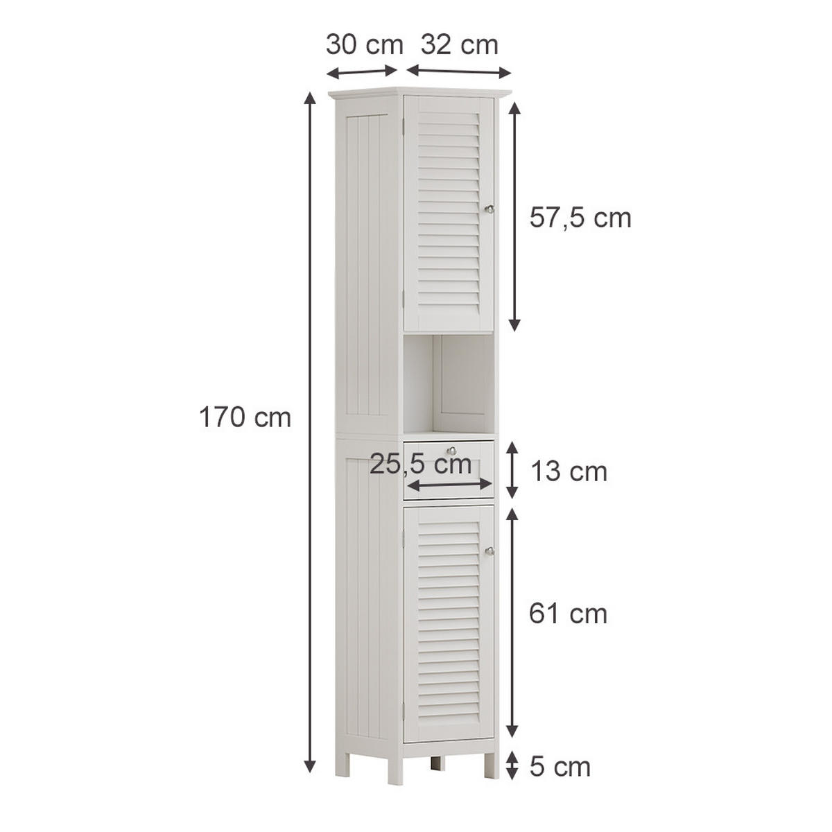 BADSCHRANK Riad Weiß 32 x 170 cm mit Türen, Schublade und offenem Fach - Weiß, Holzwerkstoff (32/170/30cm) - Vicco