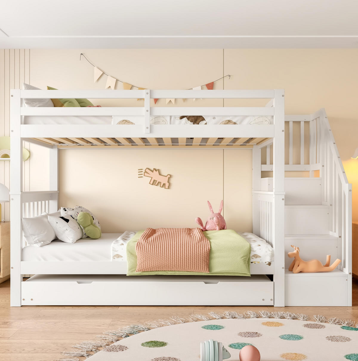 ETAGENBETT 90/200 cm Weiß aus Kiefer und MDF mit Ausziehbett und Treppenregal - Weiß, Holzwerkstoff (90/200cm) - OKWISH