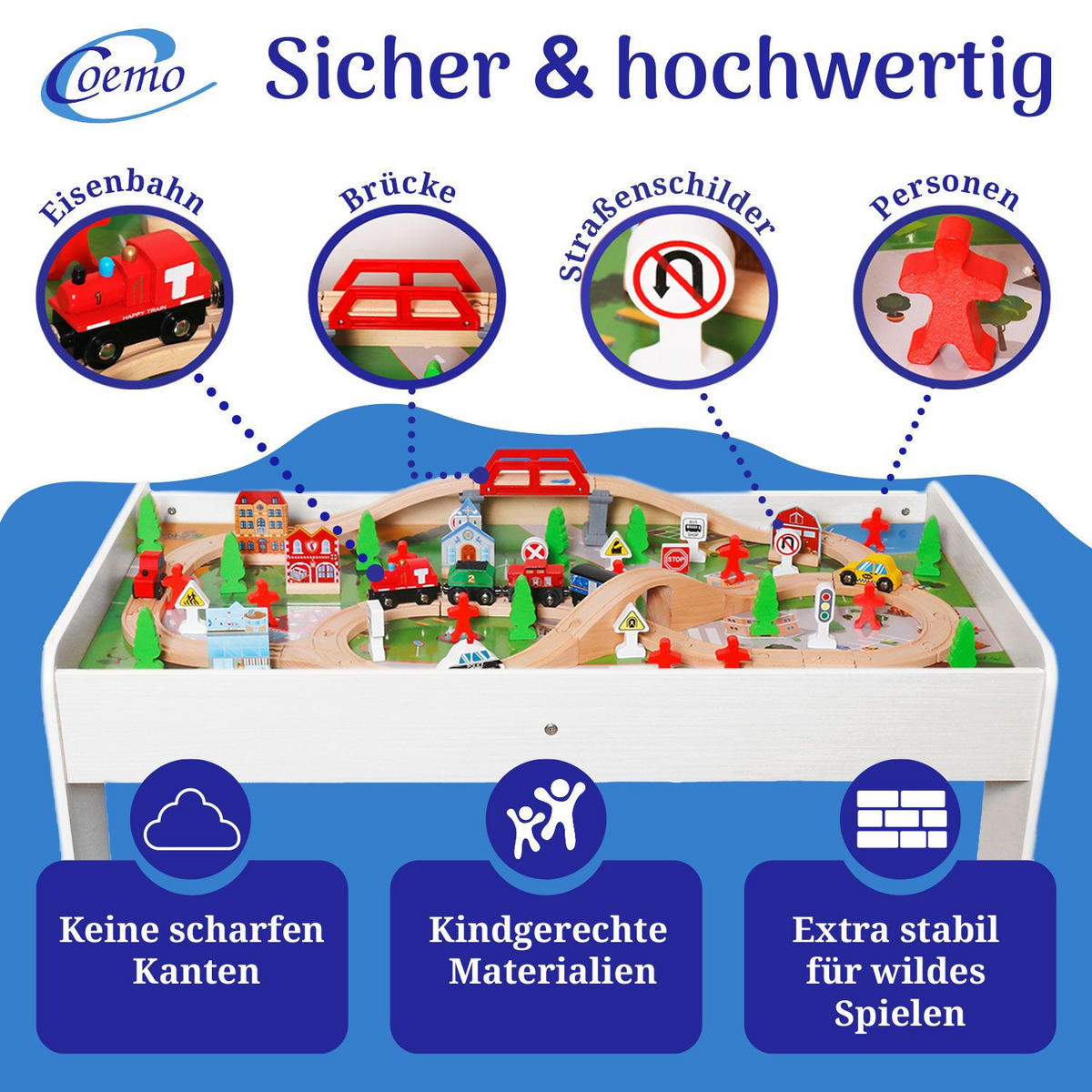 SPIELTISCH MIT HOLZEISENBAHN 90-tlg. Set Tisch Farbe Weiß - Weiß, Holzwerkstoff (57/98cm) - Coemo