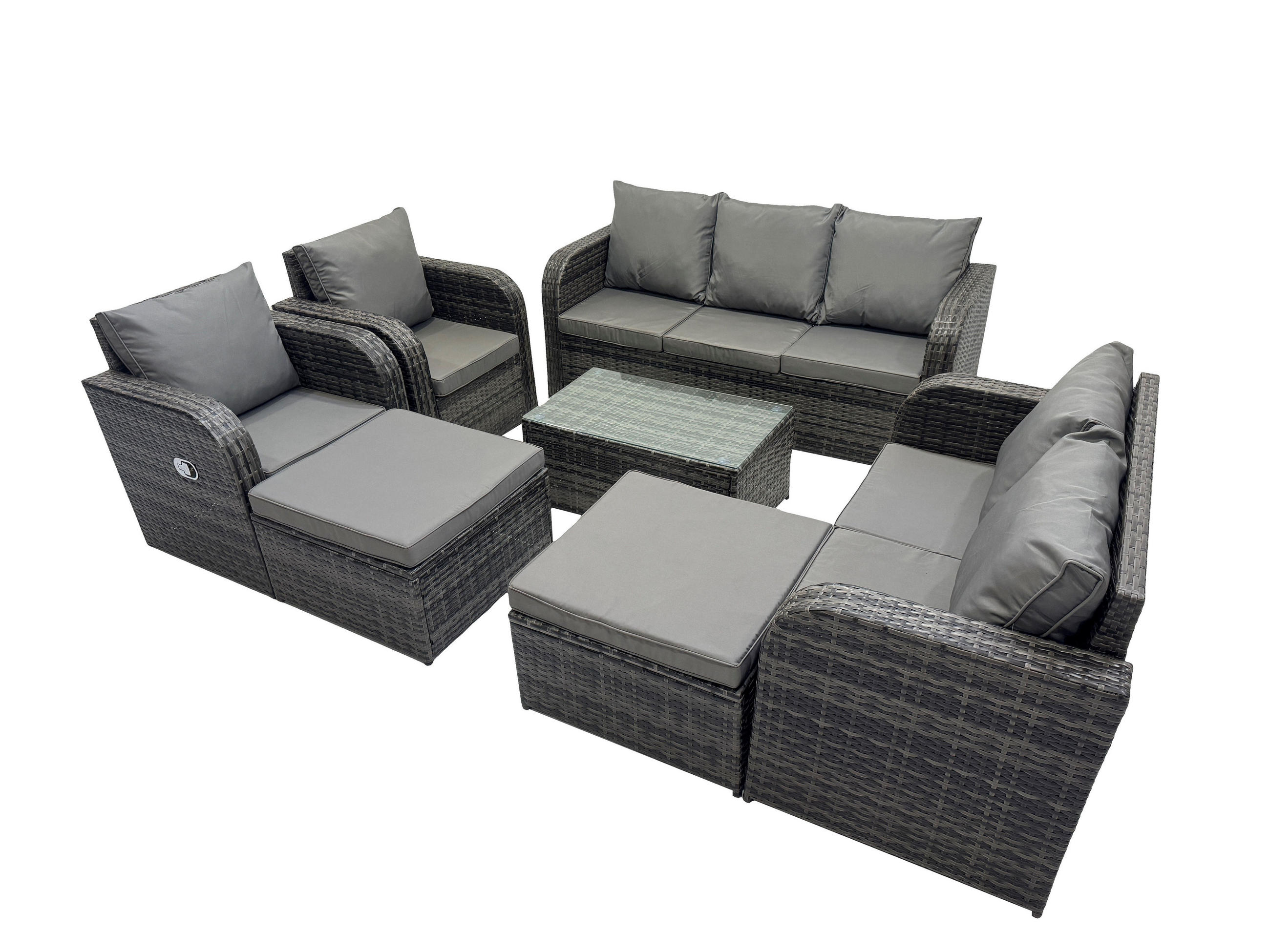 GARTENMÖBELGARNITUR mit KISSEN Polyrattan Dunkelgrau 9-Sitzer - Dunkelgrau/Grau, Glas/Kunststoff - Fimous