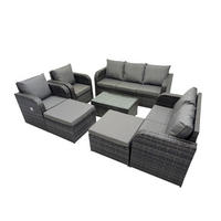 GARTENMÖBELGARNITUR mit KISSEN Polyrattan Dunkelgrau 9-Sitzer - Dunkelgrau/Grau, Glas/Kunststoff - Fimous