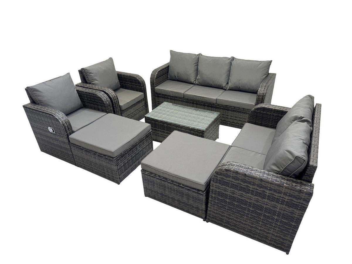 GARTENMÖBELGARNITUR mit KISSEN Polyrattan Dunkelgrau 9-Sitzer - Dunkelgrau/Grau, Glas/Kunststoff - Fimous
