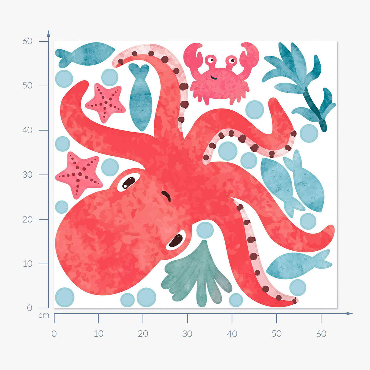 WANDAUFKLEBER 60x64cm - Oktopus - Multicolor, Kunststoff (60/64/0.1cm) - Wallfluent