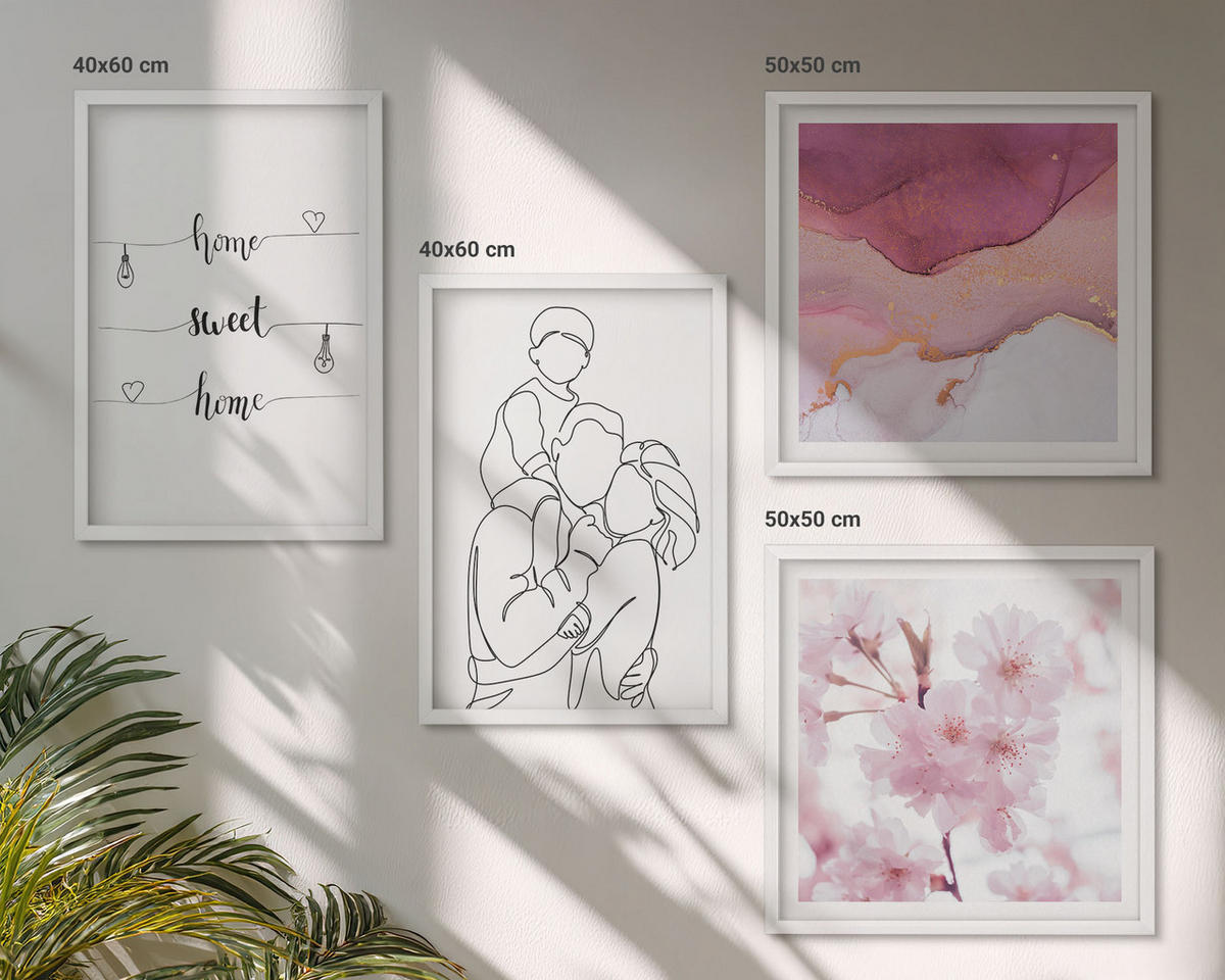 WANDBILDER 4er-Set - 50x50 cm & 40x60 cm Weißer Rahmen - Blumenfamilie minimalistisch - Weiß, Kunststoff (50/50cm) - ArtPrintCave