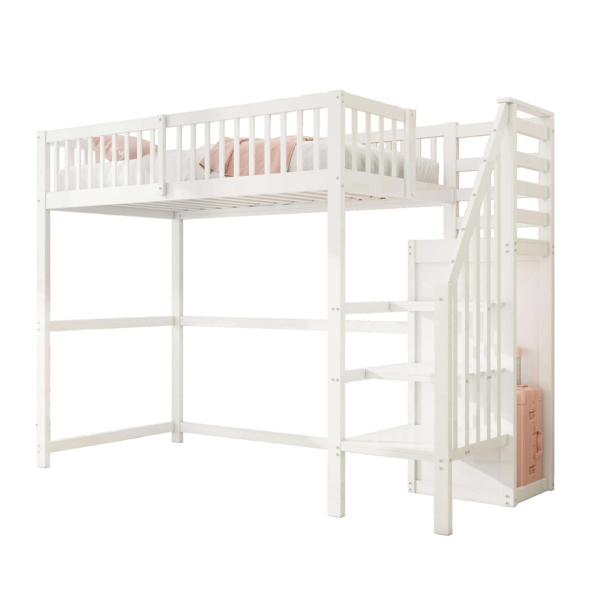 HOCHBETT 90/200 cm Weiß aus Holz mit Treppe und Kleiderschrank - Weiß, Holzwerkstoff (90/200cm) - OKWISH