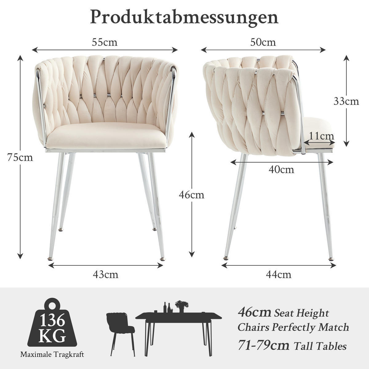 ARMLEHNSTUHL-SET DE-36443 2 Stück mit Samtbezug und Web-Design Elfenbein - Creme, Metall (48/75/55cm) - ComfortXL