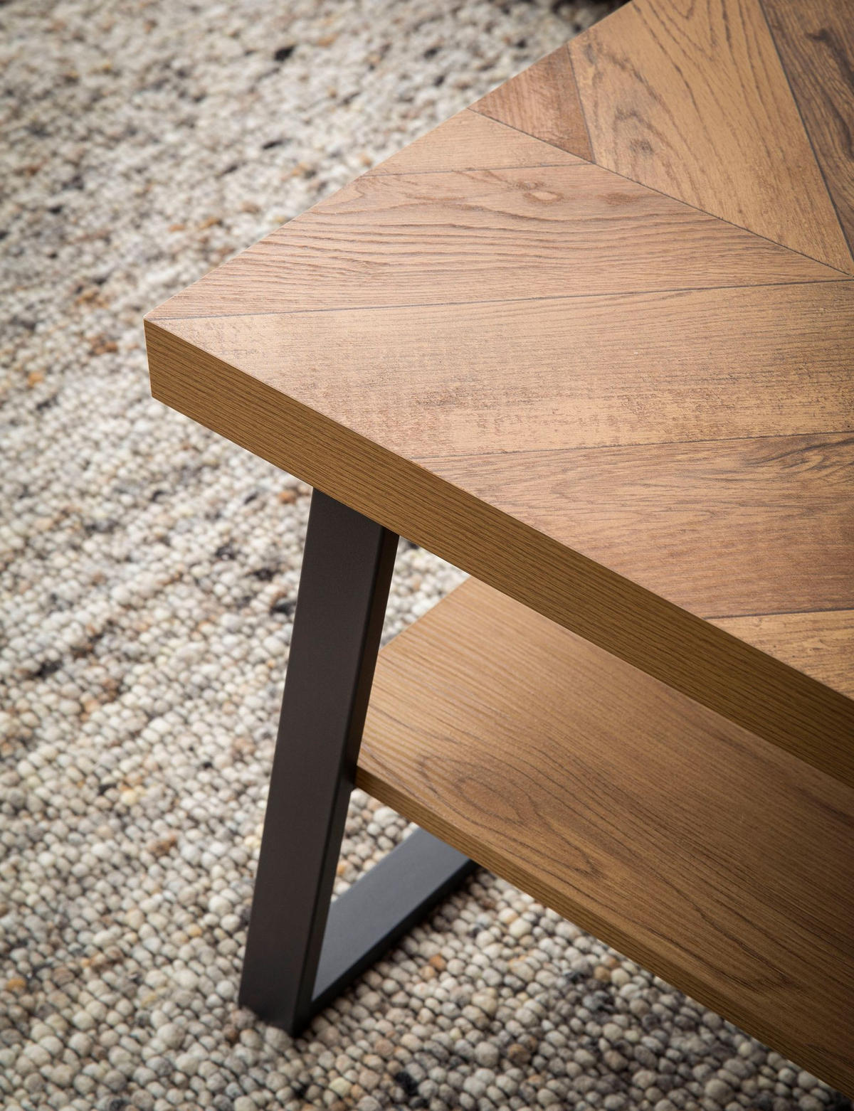 COUCHTISCH Braun Fischgrät-Muster 100x40x41cm mit Ablage und Metallgestell - Schwarz/Braun, Holz/Metall (40/100/41cm) - KADIMA DESIGN