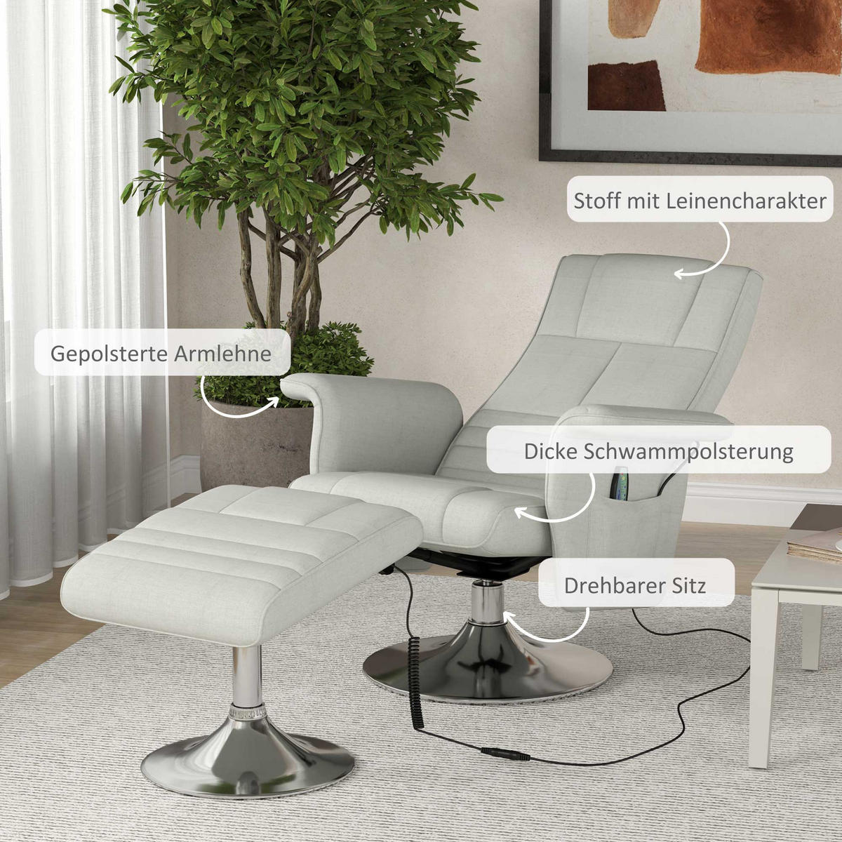 MASSAGESESSEL mit Fußhocker, elektrischer Relaxsessel mit Liegefunktion Creme - Silberfarben/Creme, Textil/Metall (95/88/78cm) - HOMCOM