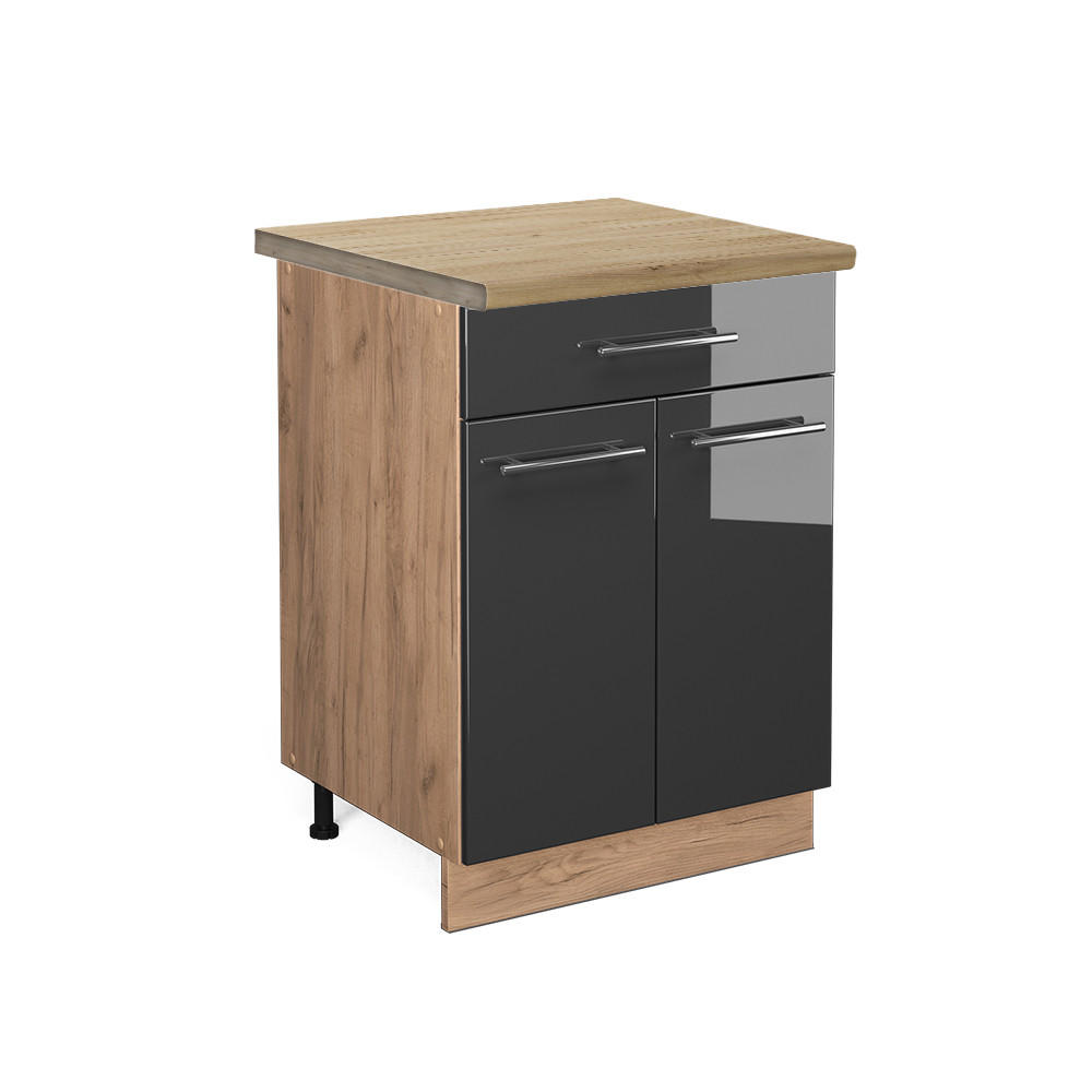KÜCHENUNTERSCHRANK Fame-Line Anthrazit Hochglanz 60 cm mit Schublade AP Eiche - Honigeiche/Schwarz Hochglanz, Holzwerkstoff (60/82/60cm) - Vicco