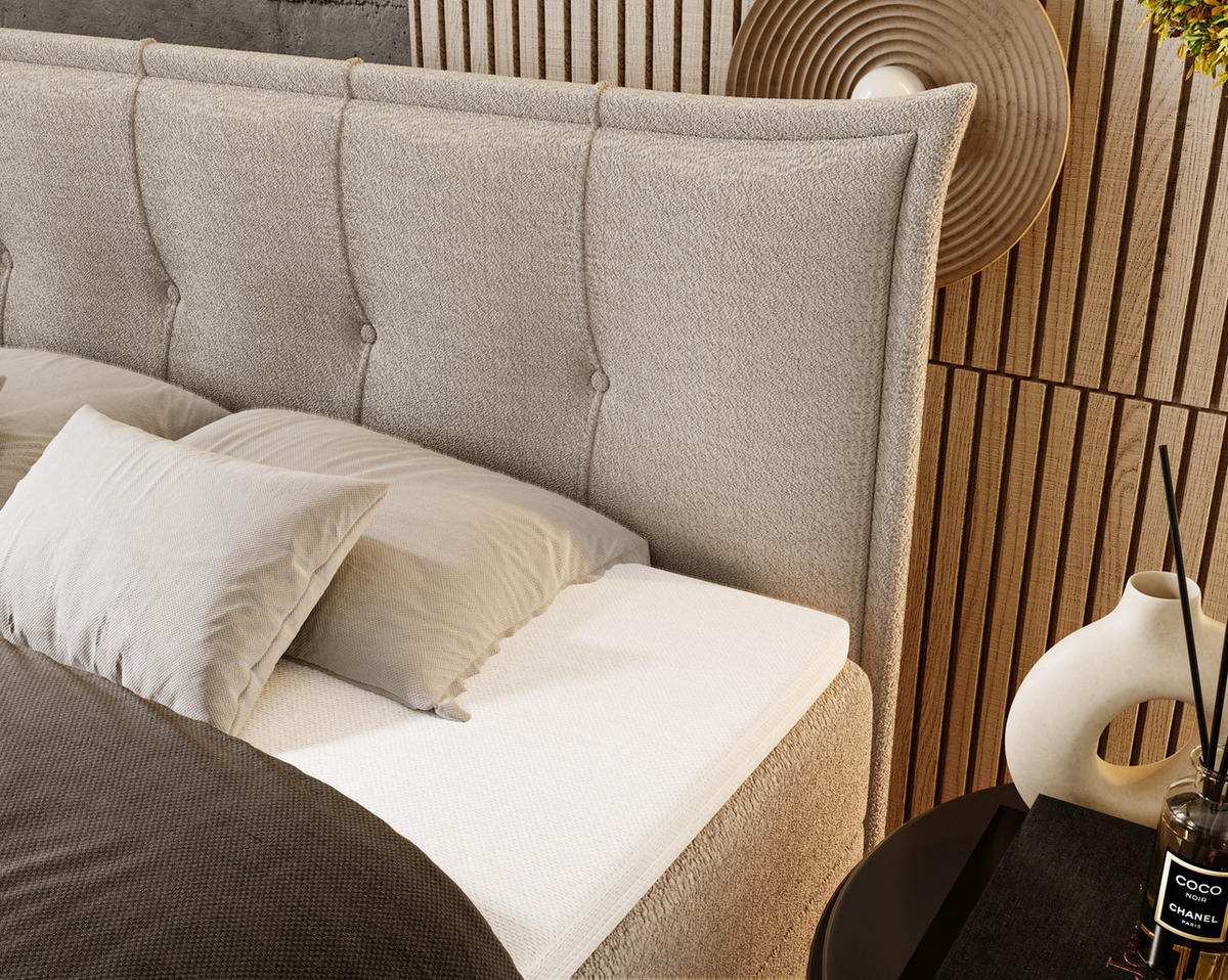 BOXSPRINGBETT Boucle 200x200 Liron mit Kissen-Kopfteil und Matratze, Hellgrau - Hellgrau, Holz/Textil (200/200cm) - Emporius