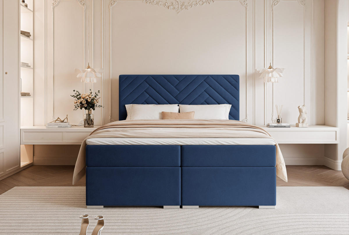 BOXBETT NEREA 160/200 cm mit Matratze und Topper, Marineblau - Dunkelblau, Textil (160/200cm) - Idohome