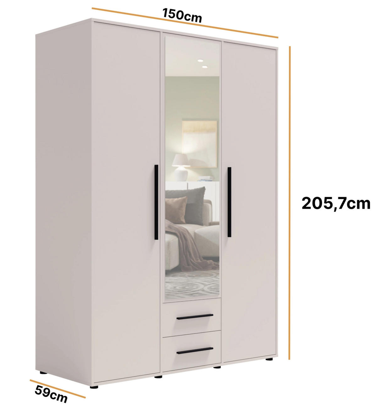 KLEIDERSCHRANK Modena 150cm mit Spiegel Kaschmir - Kaschmir/Schwarz, Holzwerkstoff/Kunststoff (150/206/59cm) - Ravio