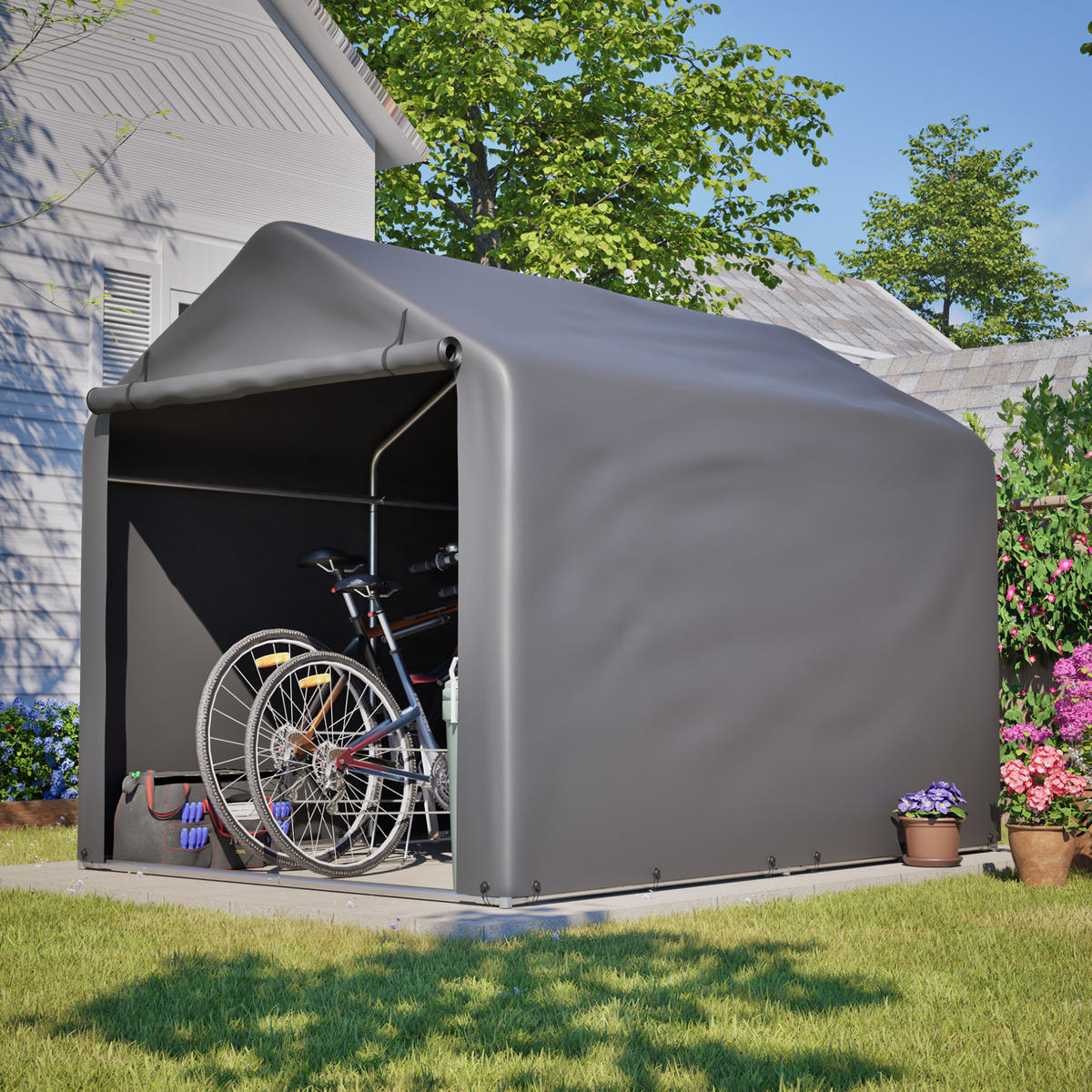 KLEINGARAGE aus Metall 160x220x165 cm Grau mit Rolltor - Grau, Metall (160/165/220cm) - Modfu