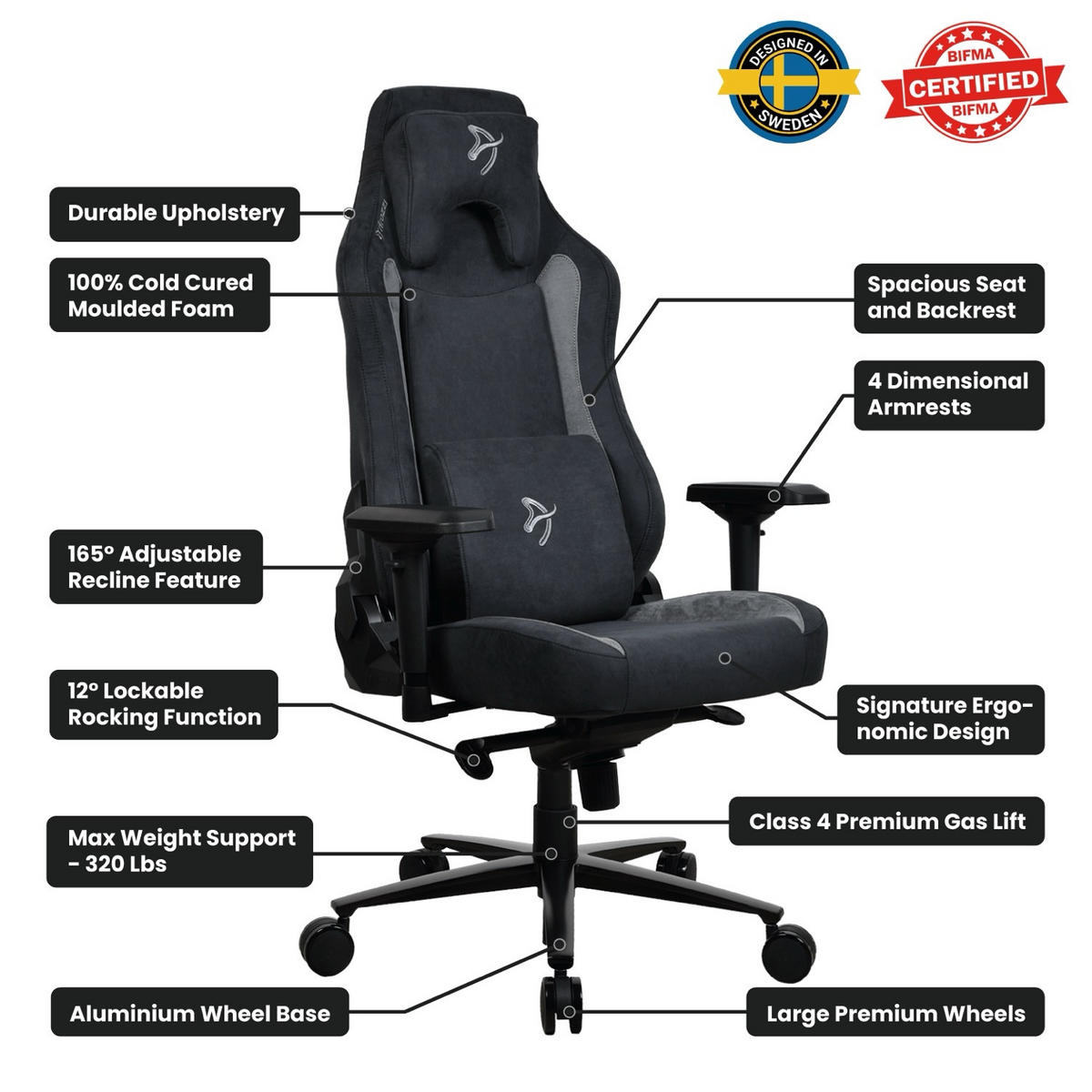 GAMINGSTUHL Vernazza Supersoft™ Stoff Schwarz - Schwarz/Grau, Textil/Metall (68/135/50cm) - Arozzi