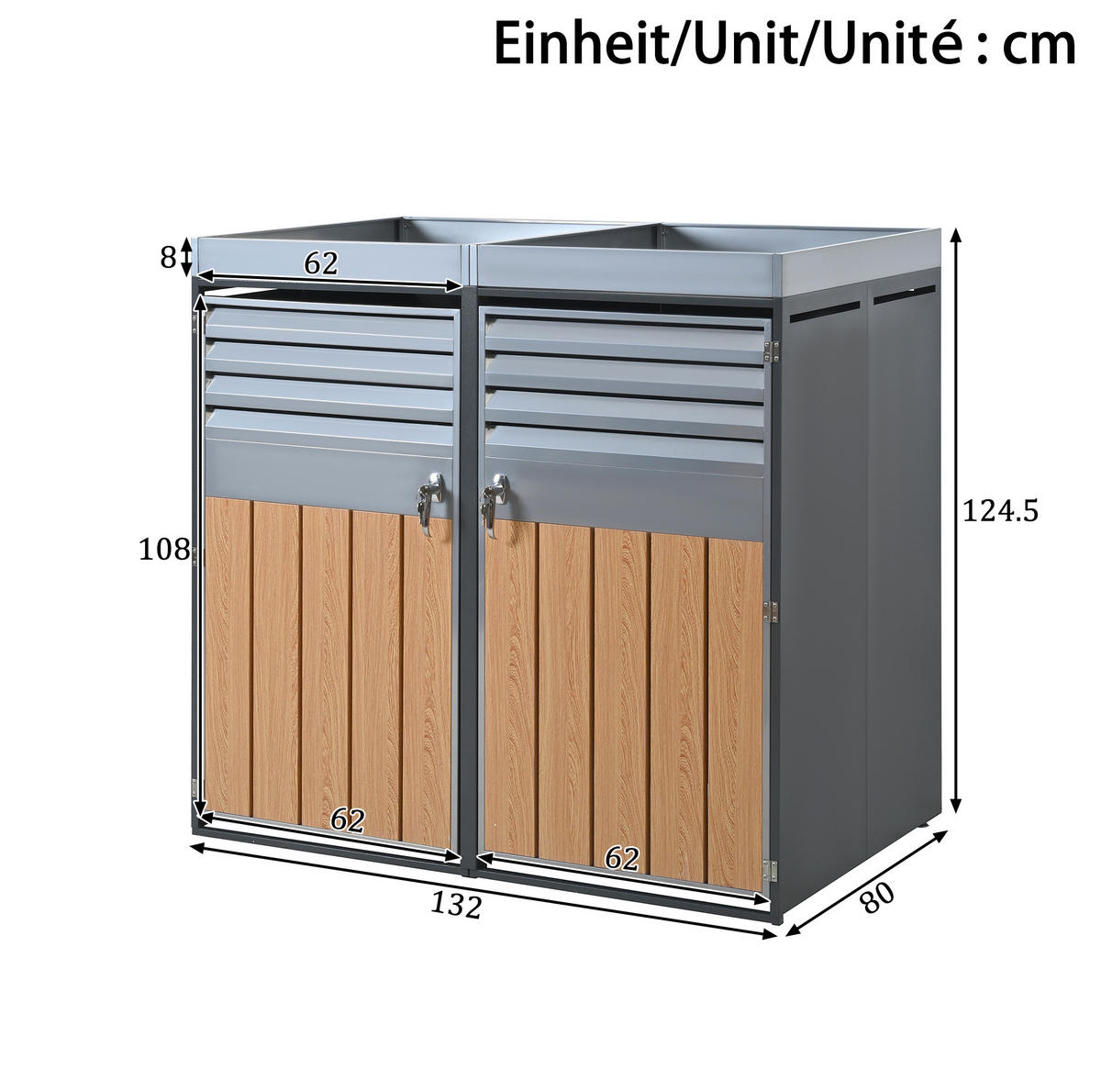 MÜLLTONNENBOX aus Stahl in Grau Holzoptik mit Pflanzfläche & abschließbar - Grau, Metall (132/124.5/80cm) - Modfu