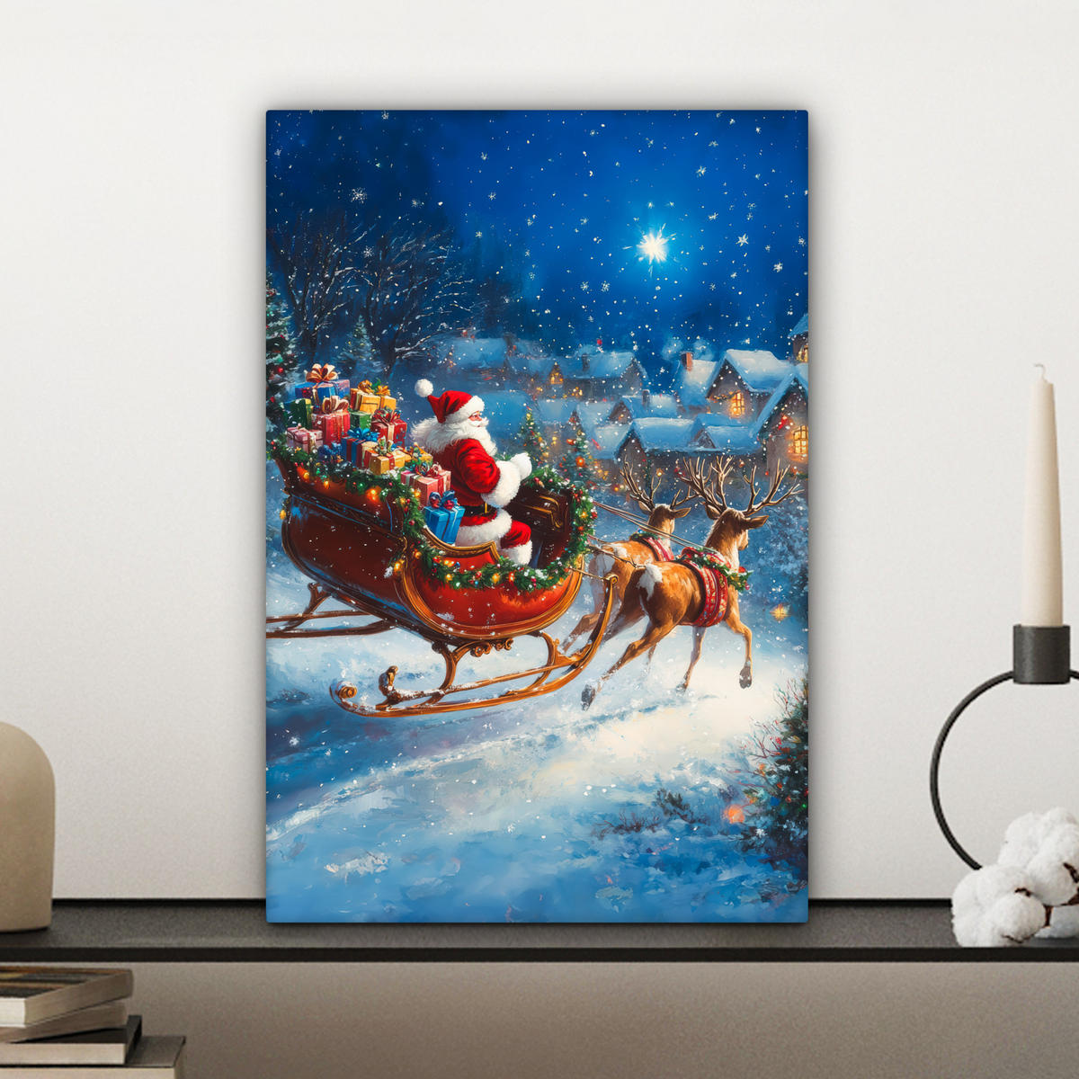 LEINWANDBILD Weihnachtsmann - Rentier - Weihnachten - Schnee Deko Wohnzimmer 20x30 cm - Cognac, Textil (20/30cm) - MuchoWow