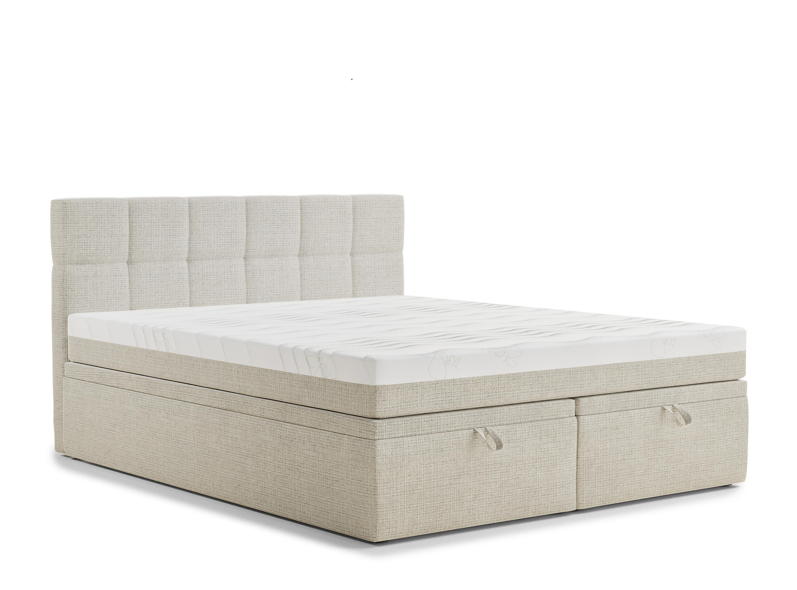 BOXBETT 140/200 cm Gotu S, in Beige, Matratze, gepolstertes Kopfteil, Bettkasten, H3 = fest - Beige/Schwarz, Holz/Holzwerkstoff (140/200cm) - Maison de Reve
