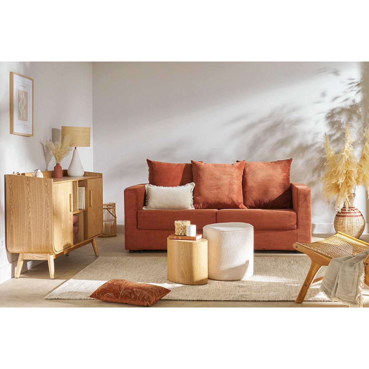 SCHLAFSOFA 3-Sitzer Cord-Samt Terrakotta Matratze 13 cm BACIO - Terracotta, Textil (92/90/190cm) - Miliboo