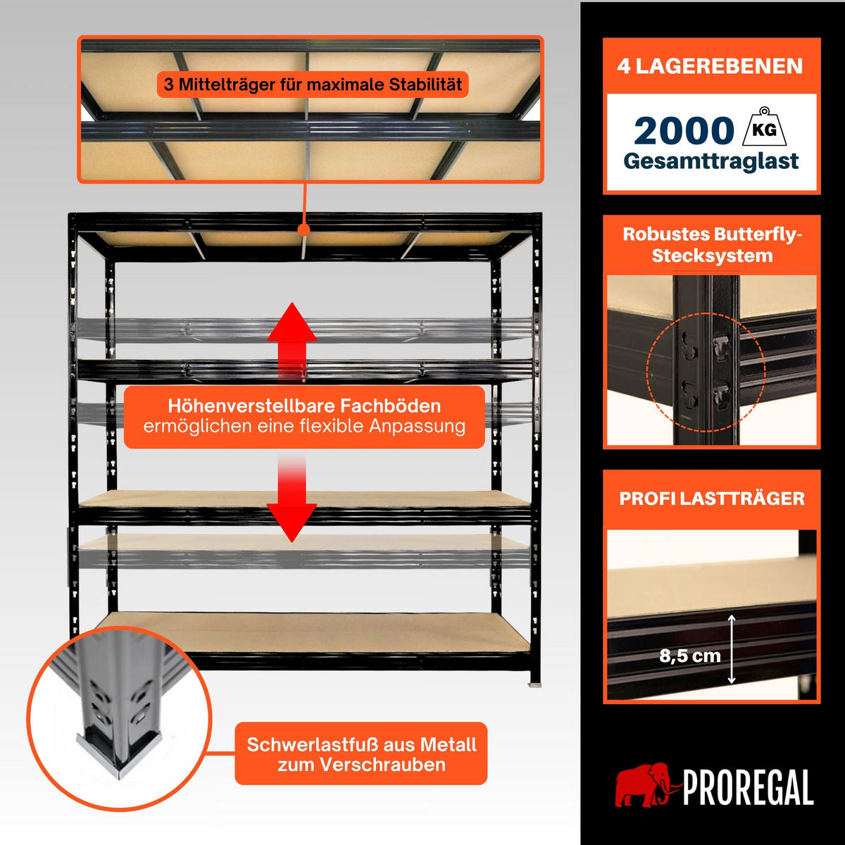 SCHWERLASTREGAL Rhino 200x200x60 cm 4 Spanplatten-Ebenen 8mm Fachlast 500 kg Schwarz - Schwarz, Metall (200/200/60cm) - PROREGAL