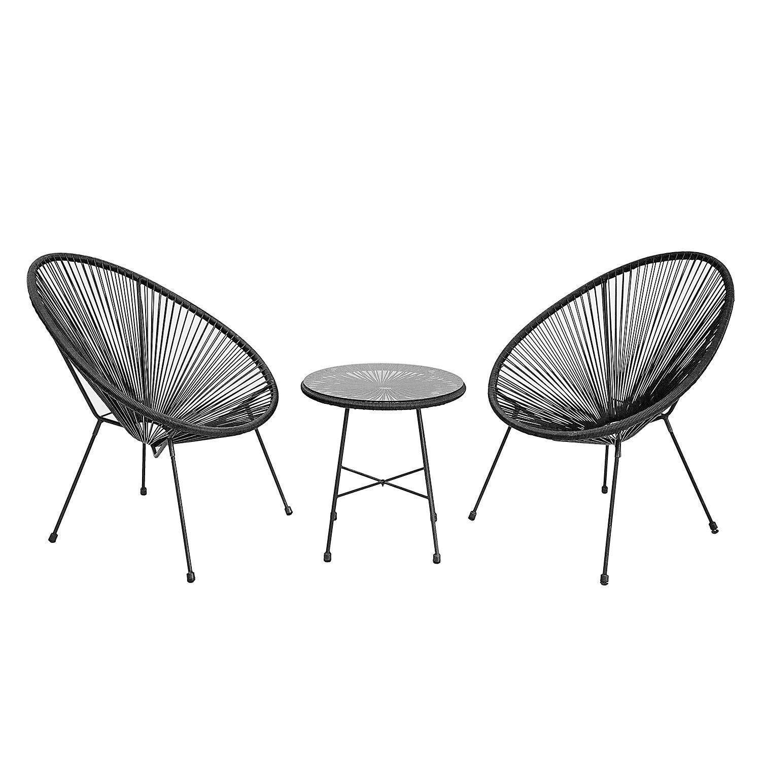 SITZGRUPPE - Stahl / Polyrattan - 3-teilig - Schwarz, Naturmaterialien/Glas - home24