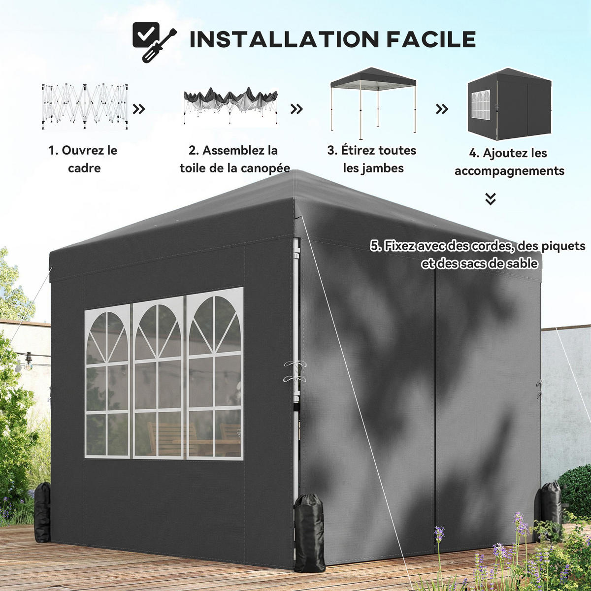 PAVILLON DE-14056 Pop-up 2,5/2,5 m, höhenverstellbar, UV50+ Dunkelgrau - Dunkelgrau, Metall (250/270/250cm) - ComfortXL