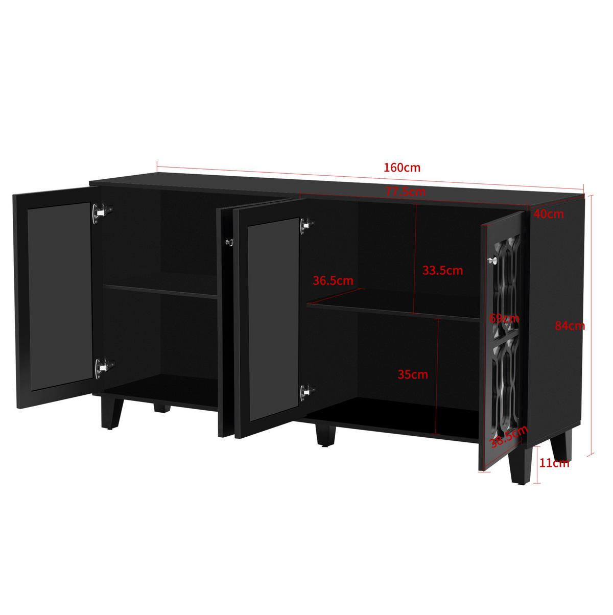 SIDEBOARD aus MDF 160x40x84 cm Schwarz mit Spiegelfront, 4 Türen und verstellbaren Einlegeböden - Schwarz, Holzwerkstoff (160/84/40cm) - IVMEU