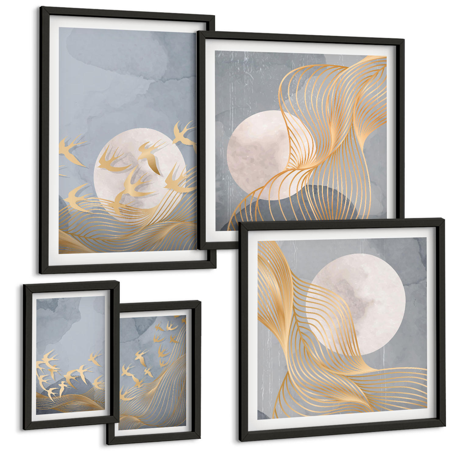 BILDER SET 5er Set - 50x50 cm & 20x30 cm & 40x60 cm Schwarzer Rahmen - Weiße Pferde - Schwarz, Kunststoff (40/60cm) - TULUP