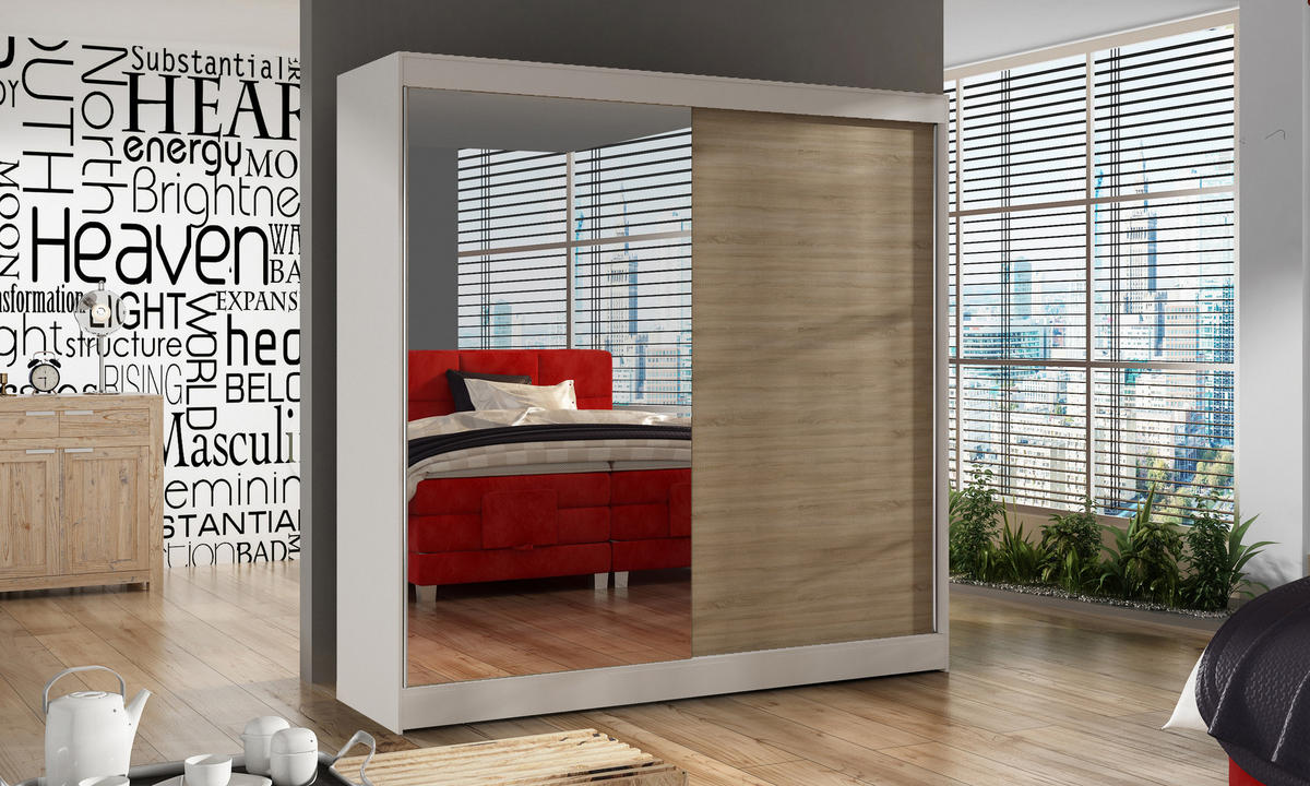 SCHWEBETÜRENSCHRANK Basti I - 200 cm - Beige/Weiß, Holzwerkstoff/Metall (200/215/58cm) - Sofnet