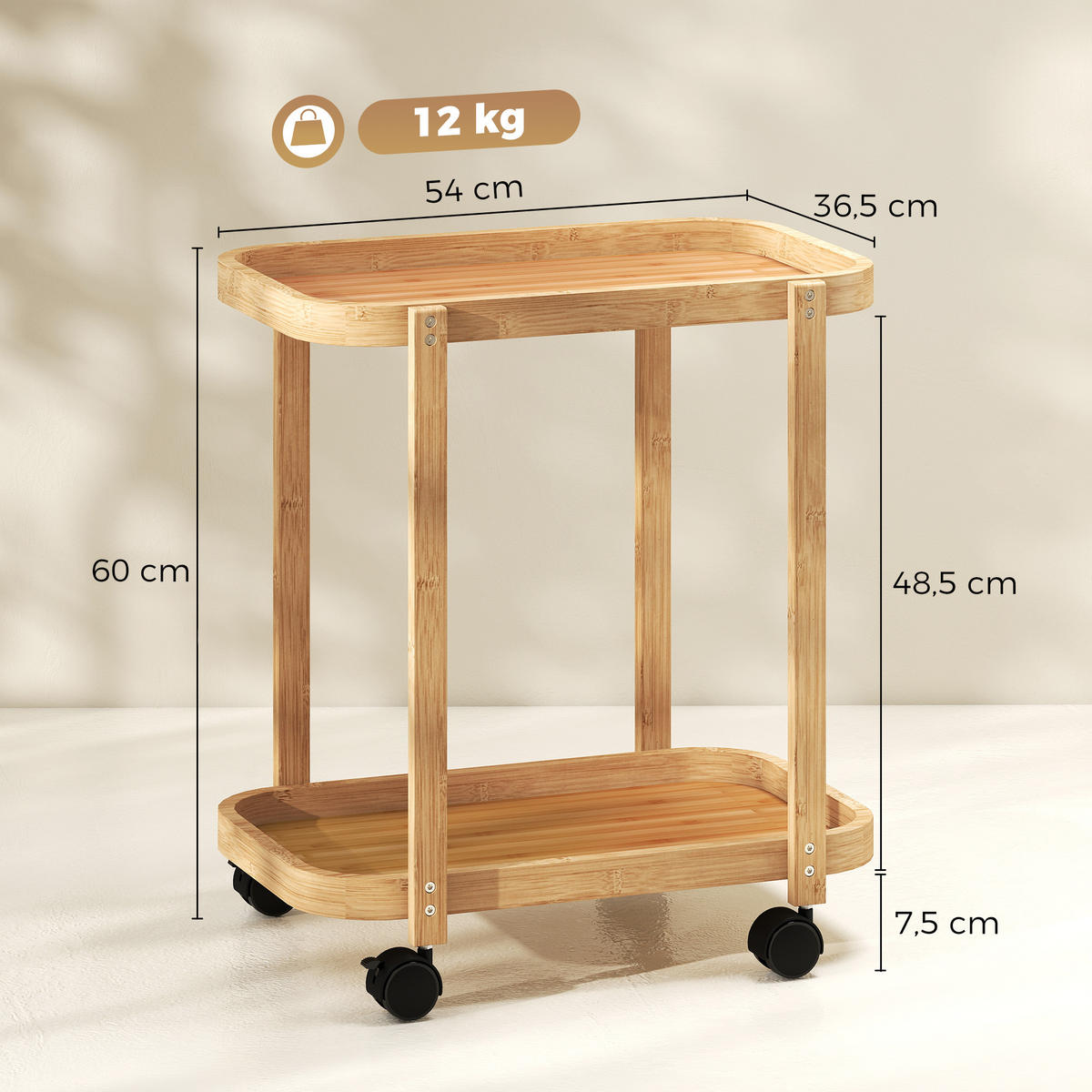 KÜCHENWAGEN, 2-stöckiger Bambus-Wagen 54 x 36,5 x 60 cm, Natur - Multicolor, Metall (54/60/36.5cm) - FORIOUS