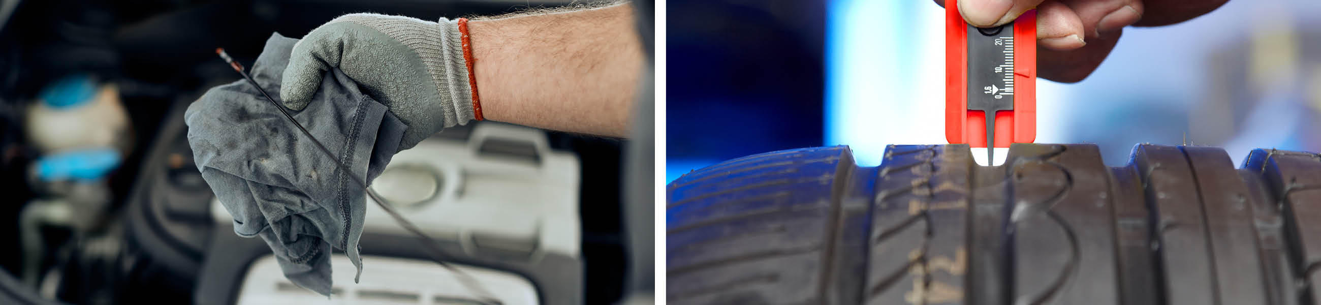 Hand mit grauem Lappen und Hand mit einem Messgerät, das die Profiltiefe eines Autoreifens prüft, für einen Heimwerker-Ratgeber.