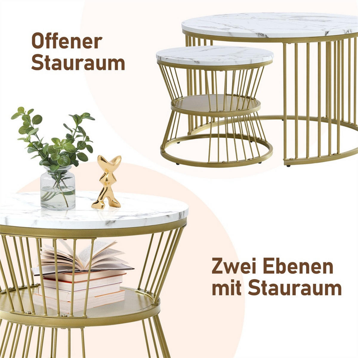COUCHTISCH 2er Set - Runder Couchtisch 70 cm & 45 cm - Ineinander Schiebbar Marmoroptik - Gold & Weiß - Weiß, Holzwerkstoff (70/70/45.5cm) - DELFA