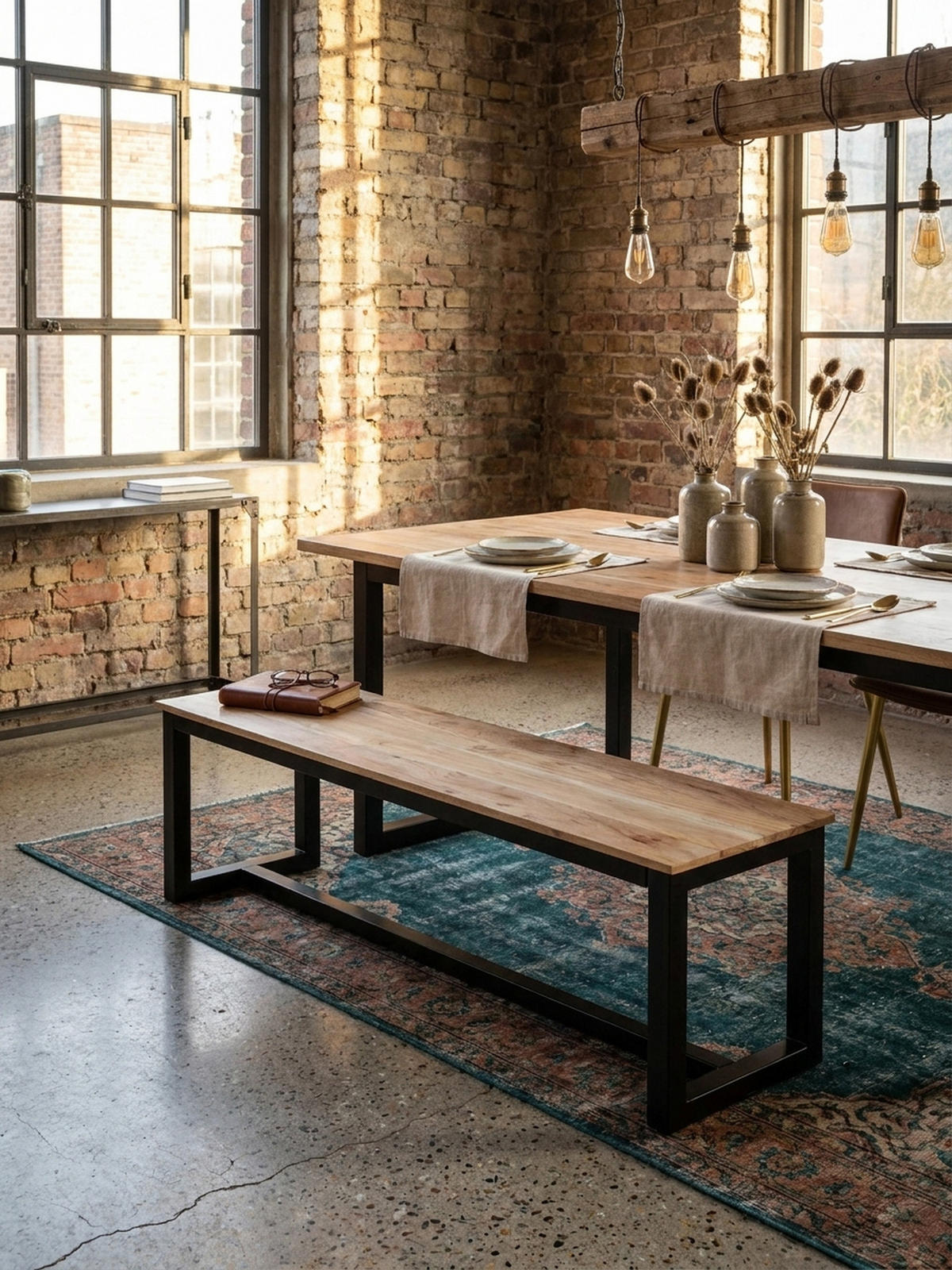 ESSZIMMERBANK Massivholz Metall Loft-Stil ohne Lehne, Akazie 120x40x45 cm - Schwarz/Braun, Holz/Metall (120/45/40cm) - KADIMA DESIGN