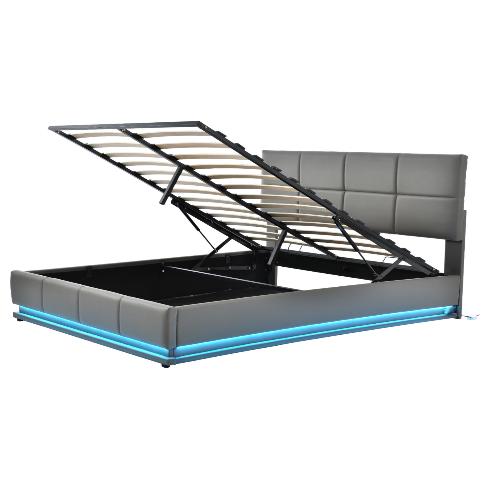 Redom ČALOUNĚNÁ postel 160/200 cm s LED osvětlením, hydraulickým úložným prostorem a výškově nastavitelným čelem, Šedá