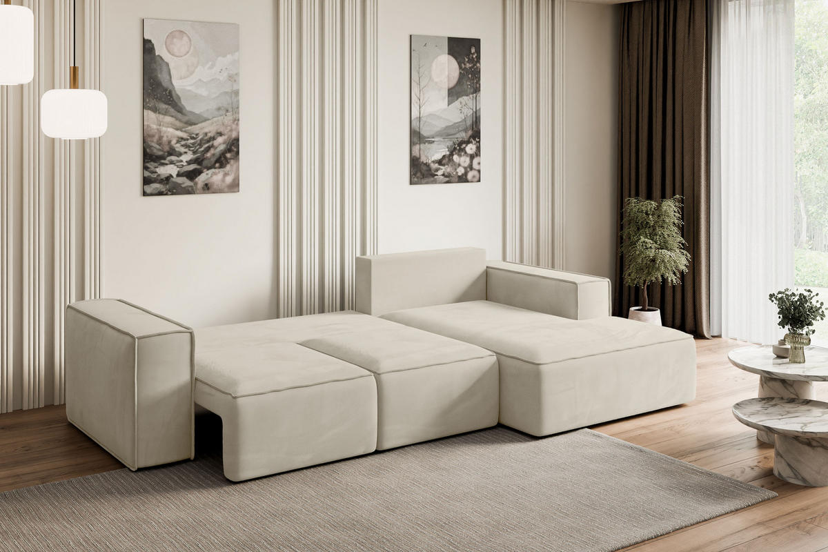 ECKSOFA mit Schlaffunktion und Bettkasten SERRA-L-S - 266x161x87 cm Beige Velours - Beige/Schwarz, Holzwerkstoff/Kunststoff (266/161cm) - ALTDECOR