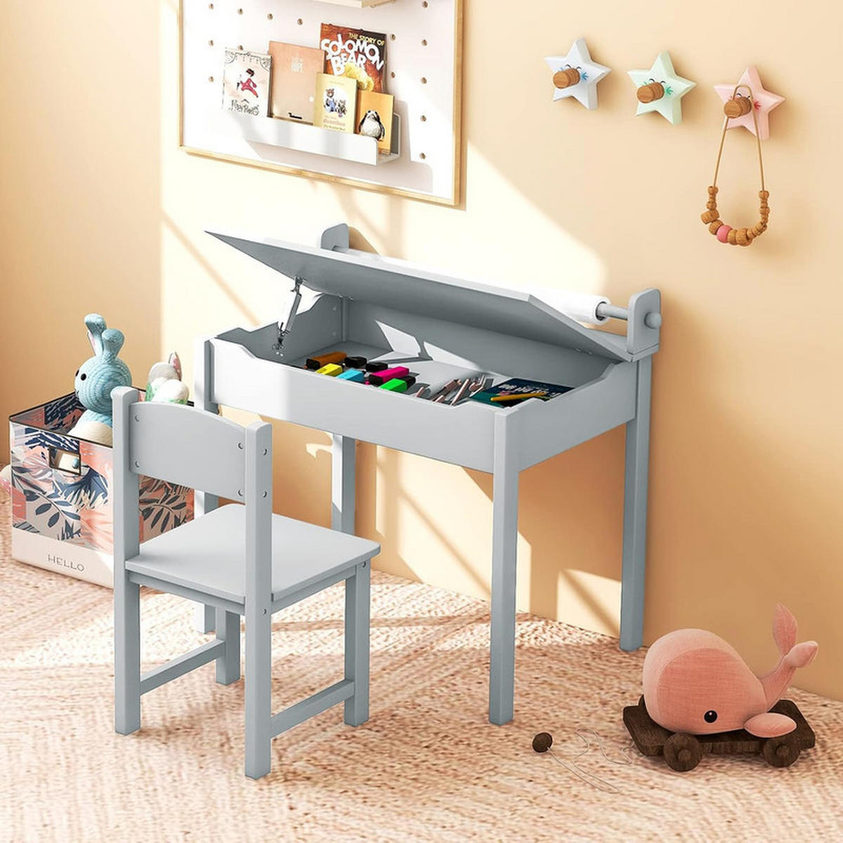 KINDERSCHREIBTISCH mit Stuhl grau(2-tlg) - Grau, Holzwerkstoff (66/58/40cm) - COSTWAY