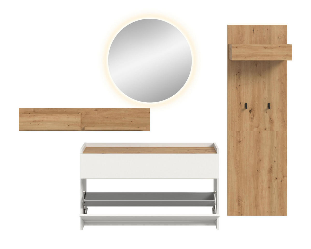 GARDEROBE inkl. Beleuchtung Flow (B/H/T: ca. 205/197/32 cm) 4 tlg. in Weiß/weiß - Weiß, Holzwerkstoff (205/197/32cm) - Homes & Jones