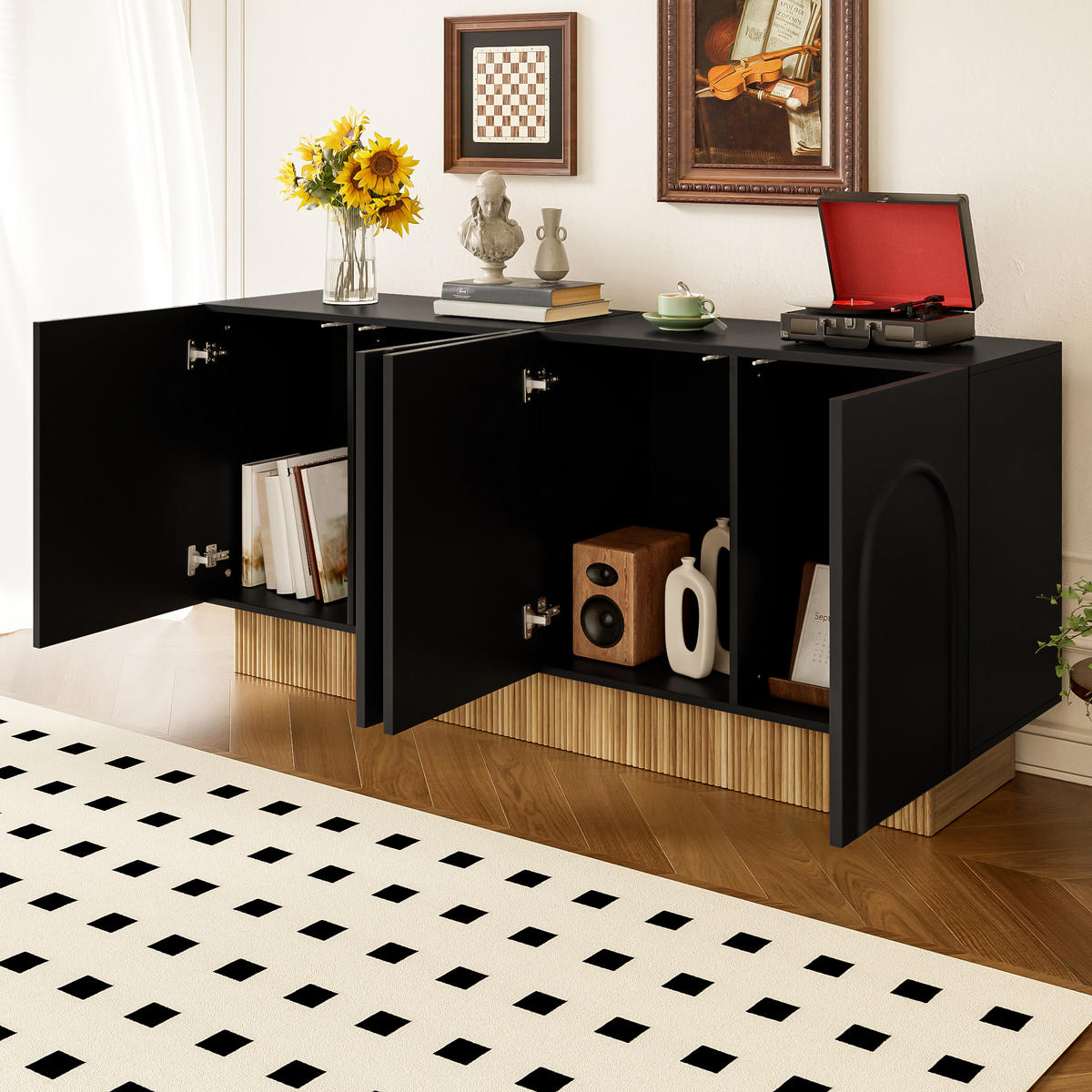 SIDEBOARD 4 Türen 160x75x38 cm - Schwarz, Holzwerkstoff (160/75/38cm) - Fortuna Lai