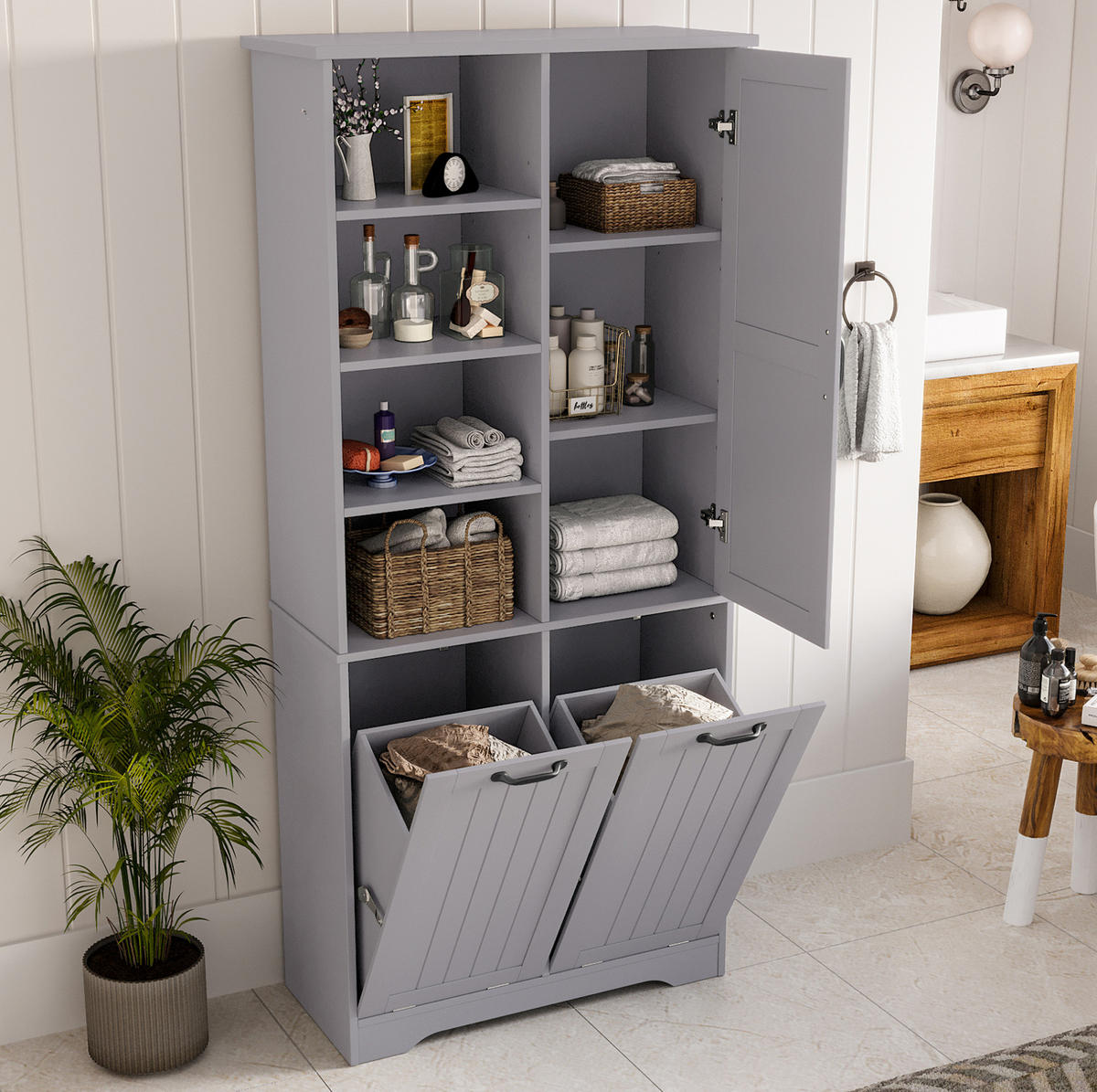 HOCHSCHRANK 78/35/172,7 cm aus MDF mit feuchtigkeitsbeständiger Lackierung und 2 Wäschekörben Grau - Grau, Holzwerkstoff (78/172.7/35cm) - Modenvie