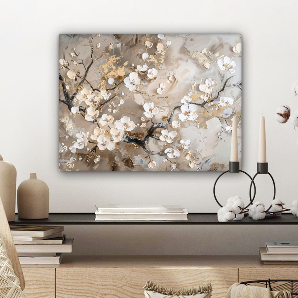 LEINWANDBILD - Blumen - Weiß - Gold - Beige - Luxus - 40x30 - Wanddeko - Greige, Textil (40/30cm) - MuchoWow