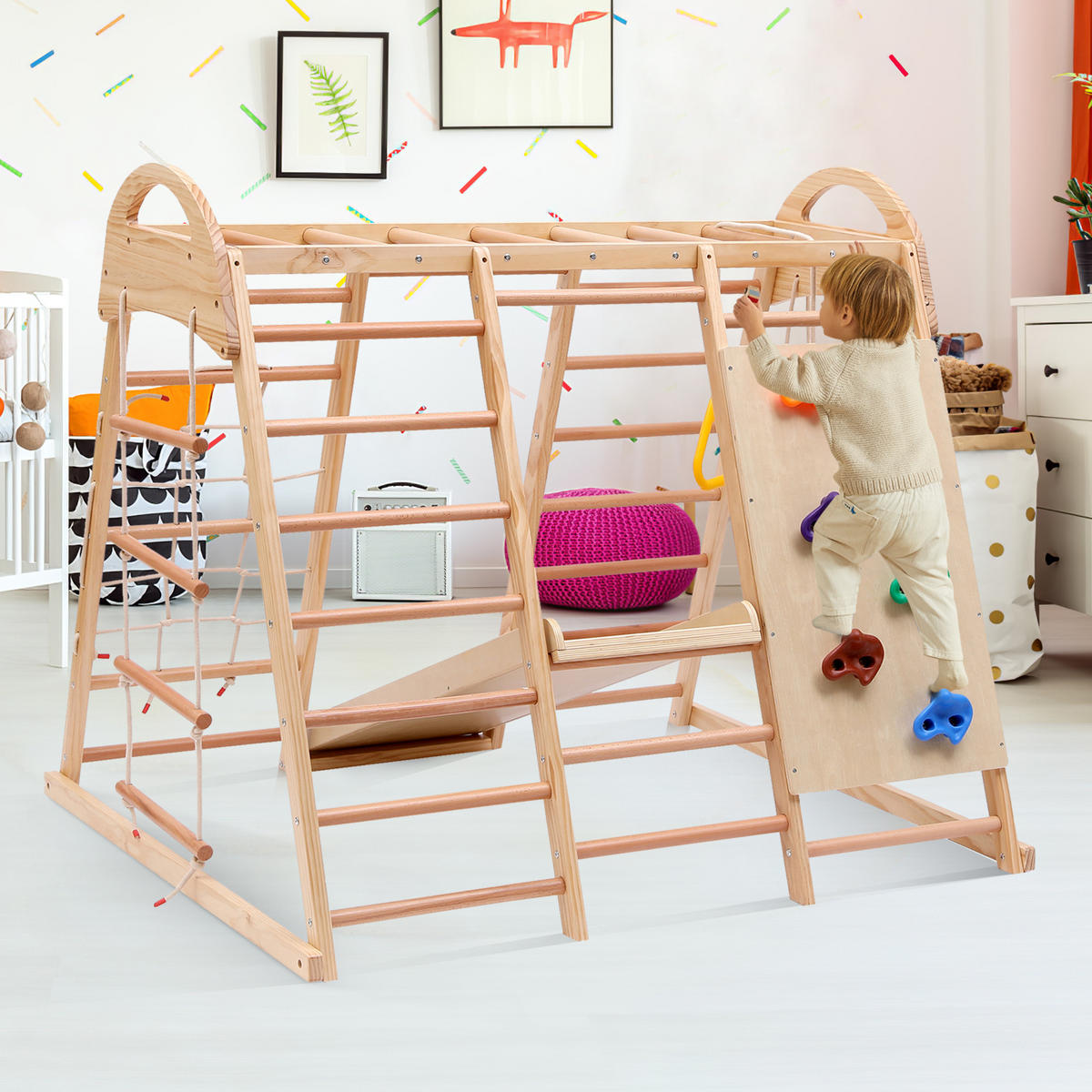 KLETTERGERÜST 7in1 Kinder Holz Rutsche Schaukel - Naturfarben, Holz (134/120cm) - Fortuna Lai