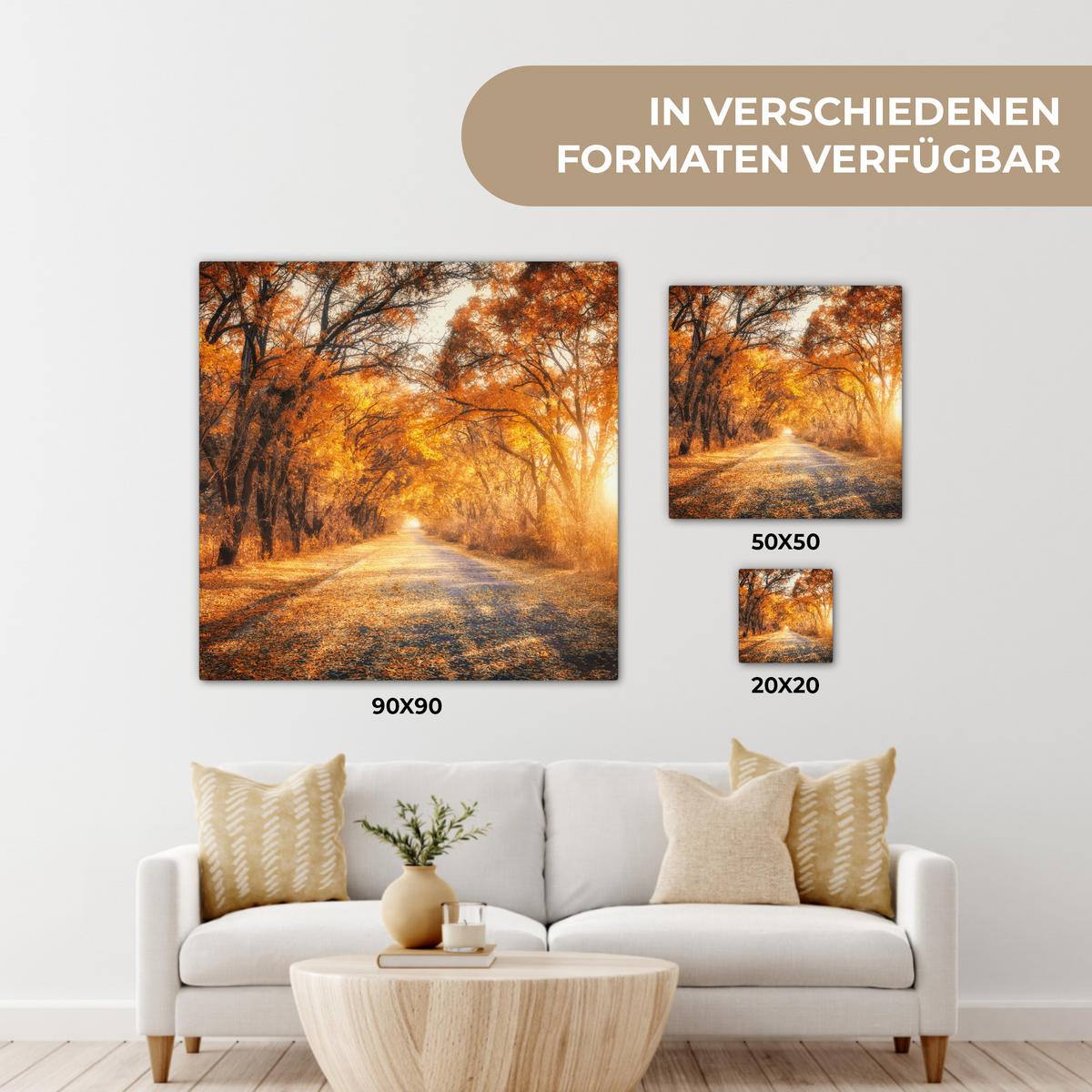 LEINWANDBILD Wald - Herbst - Bäume - Waldweg - Natur 50x50 cm - Bernsteinfarben, Textil (50/50cm) - MuchoWow