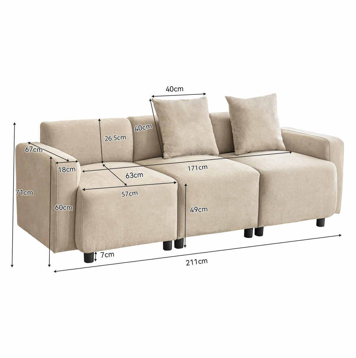 3-SITZER-SOFA aus Chenille 211x67x71 cm Beige mit 2 Kissen, extra breiter Sitzfläche und erhöhter Rückenlehne - Beige, Textil (211/71/67cm) - Modfu