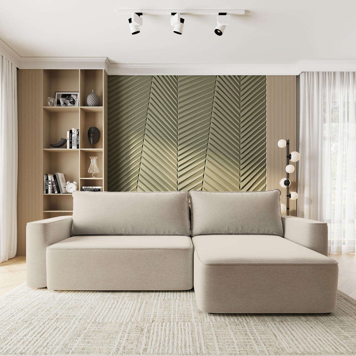 ECKSOFA BELARO CL Creme Samtstoff mit Schlaffunktion - Creme, Holzwerkstoff/Textil (280/162cm) - MASSENO