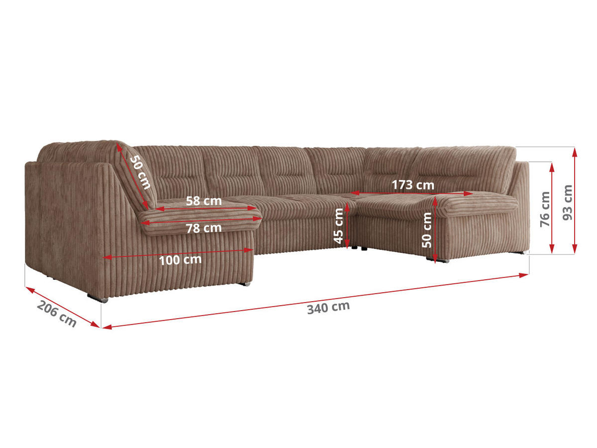 WOHNLANDSCHAFT MORBIDO U Braun Cord - Silberfarben/Braun, Textil/Metall (340/93/206cm) - MKS