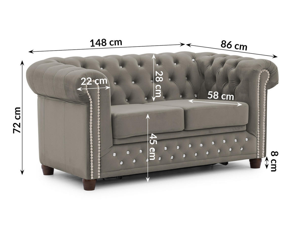 CHESTERFIELD-SOFA 2-Sitzer mit Schlaffunktion Cleo Blink Grau Samt mit Kristallsteppung und braunen Massivholzfüßen - Braun/Grau, Holz/Textil (148/72/86cm) - S-Style Möbel