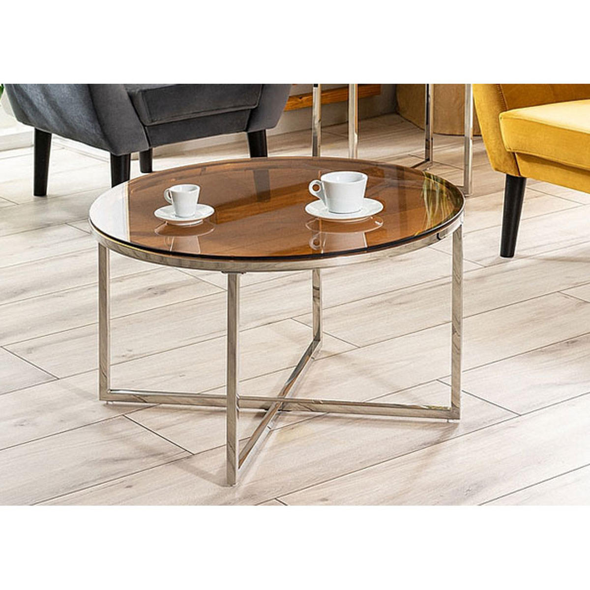 COUCHTISCH Crystal Bernsteinfarben / Silber 80 / 80 / 45cm - Silberfarben/Braun, Glas/Holz (80/80/45cm) - Feldmann-Wohnen