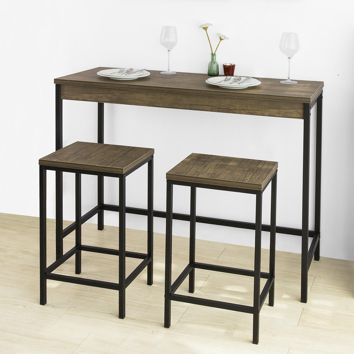 BARTISCH + 2 x BARHOCKER - Naturfarben, Holzwerkstoff (121/97/46cm) - SoBuy
