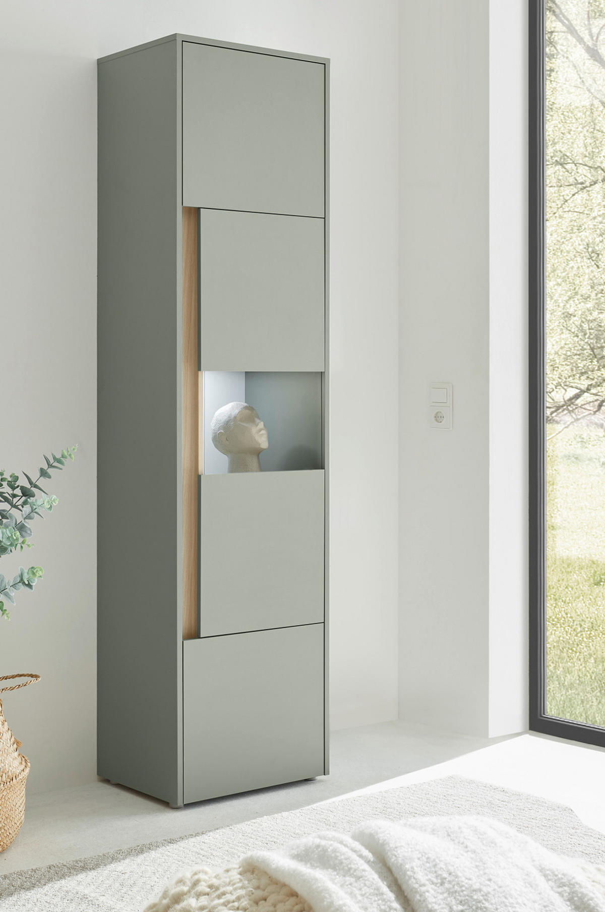 VITRINE Salbei grün, Barista Eiche 50 x 197 cm, Vitrinenschrank mit 5 Fächern - Salbeigrün/Eichefarben, Glas/Holzwerkstoff (50/197/40cm) - Furn.Design